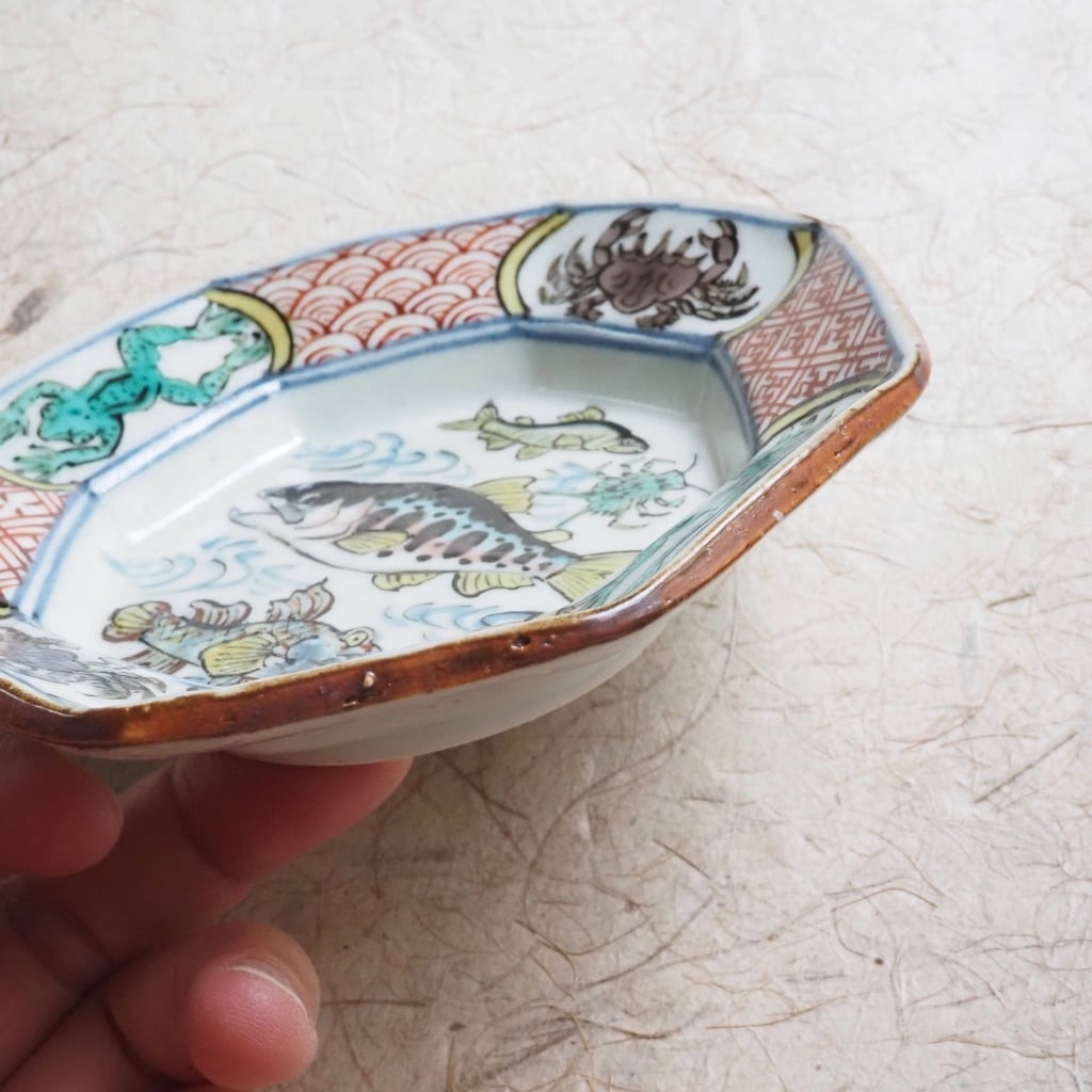 松浦コータロー/色絵 川魚文 八角リム小皿