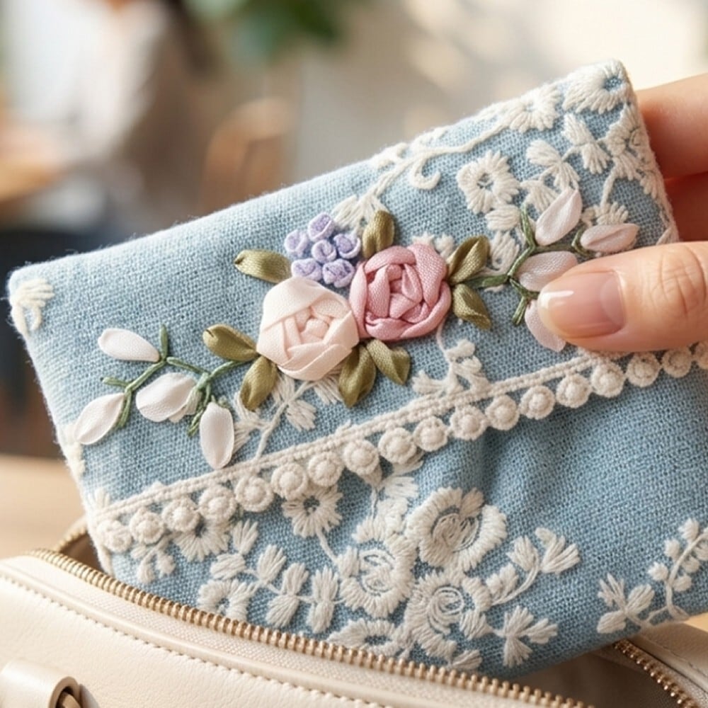 アンティークレース風 高級コード刺繍ドイリー リボン&ローズ φ20cm