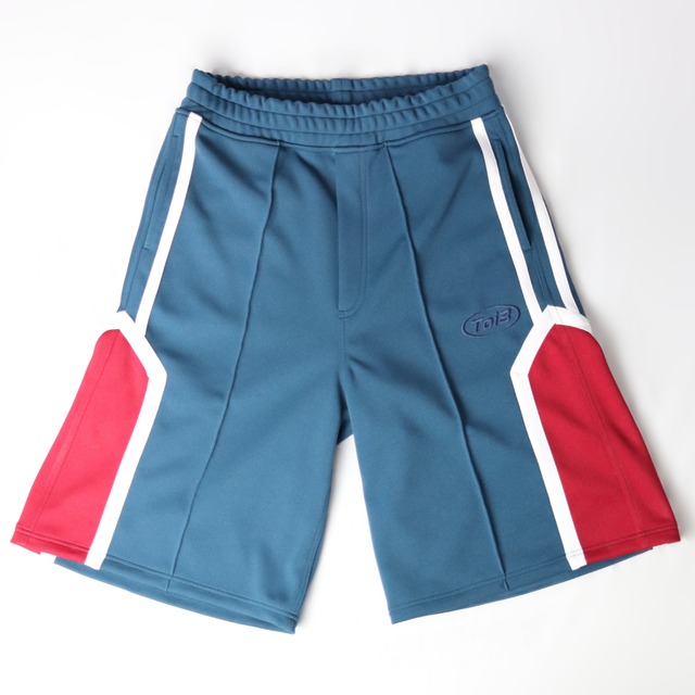 Center pleat side line wide jersey shorts(センタープリーツサイドラインワイドジャージハーフパンツ)【Red×Navy blue】