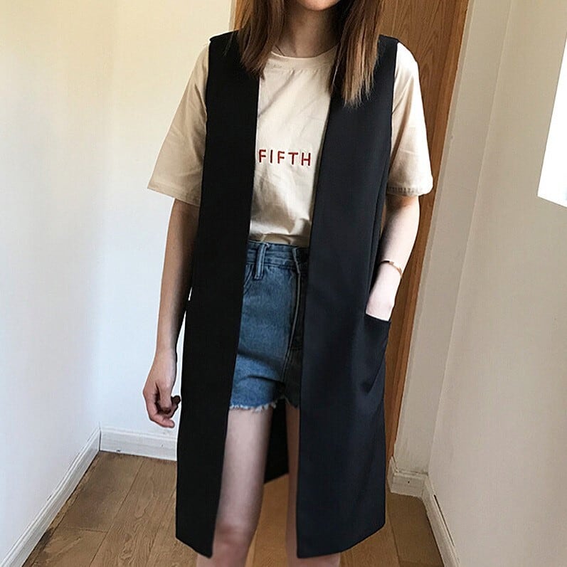 【美品】慈雨 ロングジレ アシンメトリー 前ボタン全開 スタンドカラー XL 黒 モノトーンロングジレ A-122 | seeds