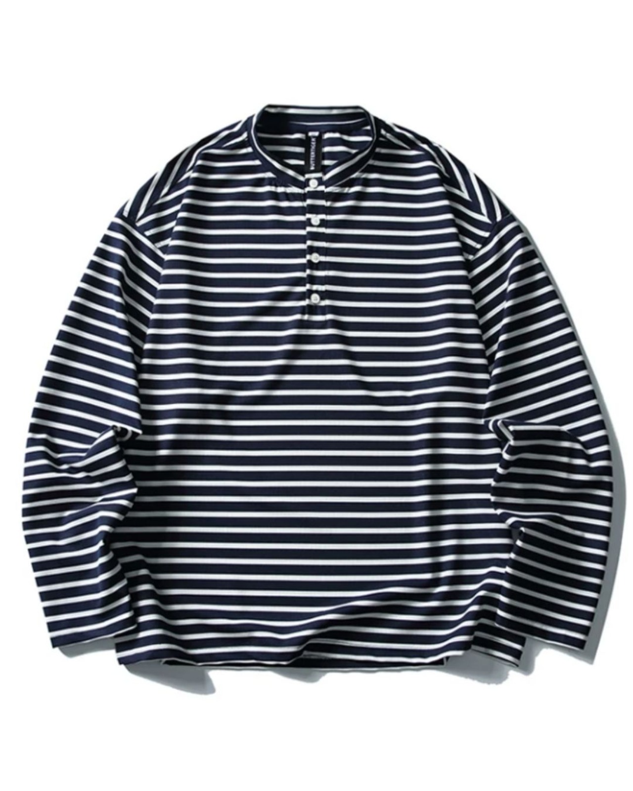 ボーダー柄ハーフボタンバンドカラー長袖Tシャツ S0666