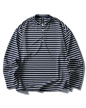 ボーダー柄ハーフボタンバンドカラー長袖Tシャツ S0666
