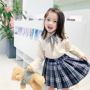 リボンタイ付きシャツ＋チェックスカートセット 韓国子供服 セットアップ  7-15