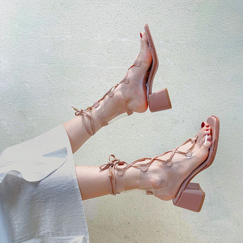 厚いヒールのサンダル女性2020新しい夏のストラップ高チューブ透明レースアップ妖精スタイルレディースローマンハイヒール フェイクシューズ63710869580