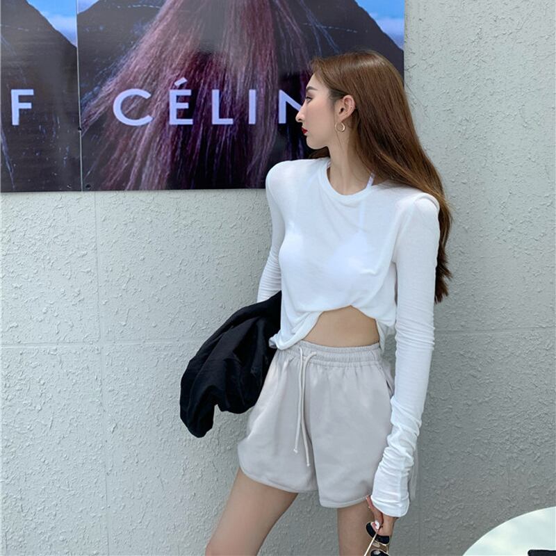 insトレンディでセクシーなハイウエストショートフィットホワイト長袖Tシャツレディース2020年秋新しいインナーベースシャツトップ ブラックストロベリース71244634932