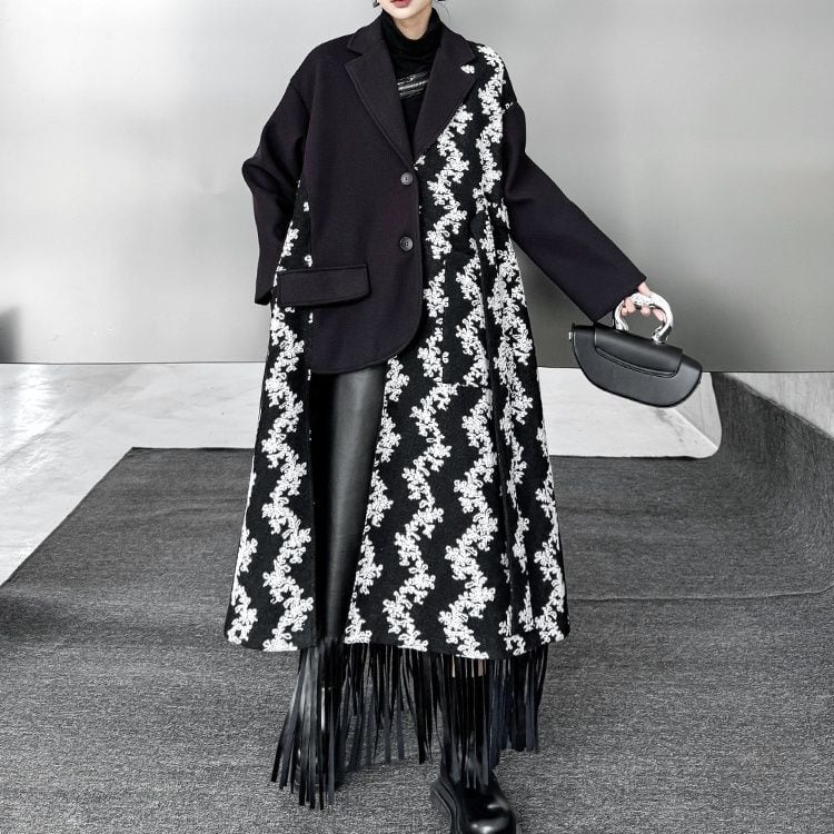 CONTRAST STITCH ASYMMETRIC DESIGN LONG WOOL COAT 1color M-15353