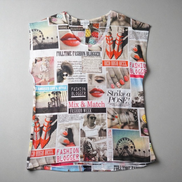 Vintage "FASHON MAGAZINE" editorial chaos sleeveless cut-sew "made in USA"