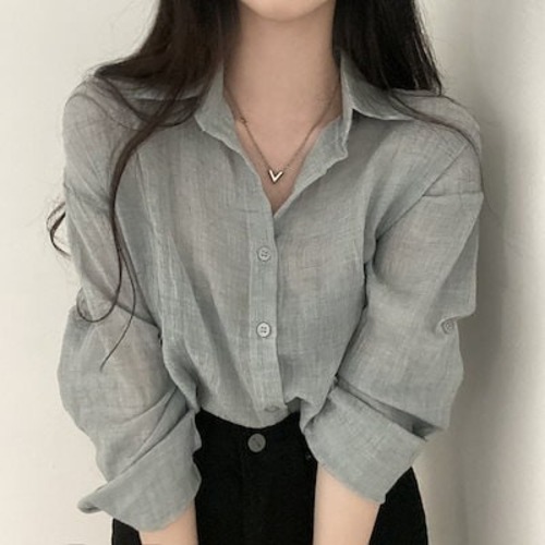 韓国ファッション レディース シンプル無地 シングルブレストラペルプリーツ長袖シャツゆったりショートサンシャツ シースルートップス