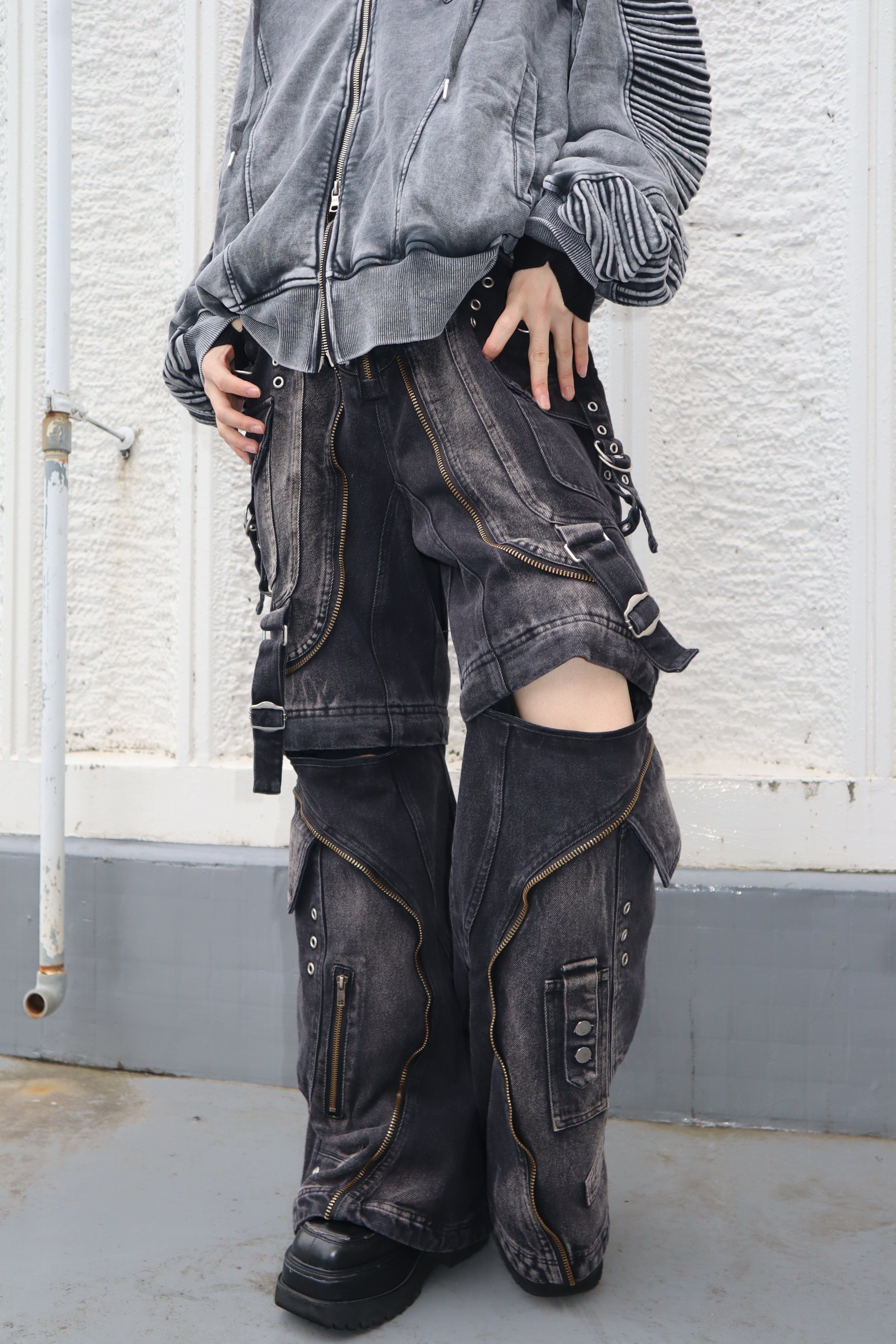 【Y2K 2WAY】 ボンデージ デニム カーゴパンツ ブラック ワイド 30 2way デニムZIPカーゴパンツ グランジ サブカル ストリート | 韓国系