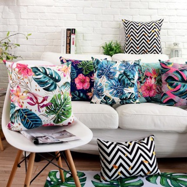 熱帯ヤシの葉花クッションカバー幾何学的な波状ストライプソフト枕ケース 9 スタイル寝室ソファ装飾