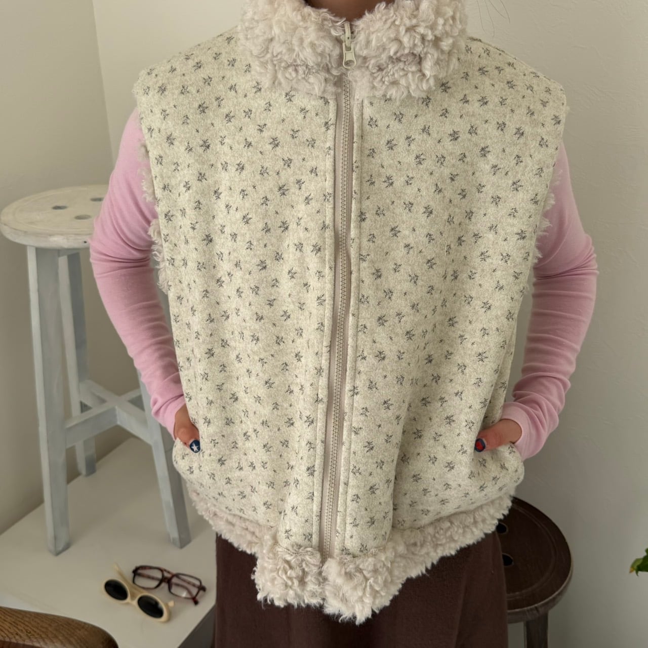 花柄リバーシブルボアベスト_LN03740 | lanan(ラナン)