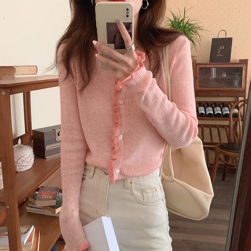 ニットカーディガンスプリングオータムセーター ジャケット ショートトップス ピンク 春物 秋物 試着室25166755441