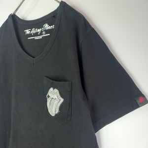 ローリングストーンズ　Vネック　ポケット　カットソー　半袖　刺繍　黒　M
