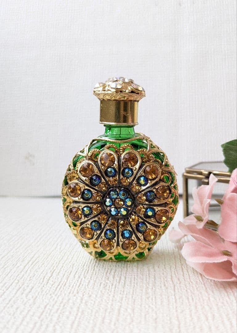 フロストガラス 香水瓶 花柄 グリーン チェコガラス香水瓶｜グリーン×ゴールド｜アンティーク風フィリグリー