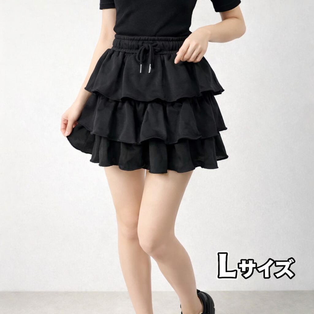 3段フリル ブラック ミニスカート L 美シルエット ゴムウエスト ボリューム