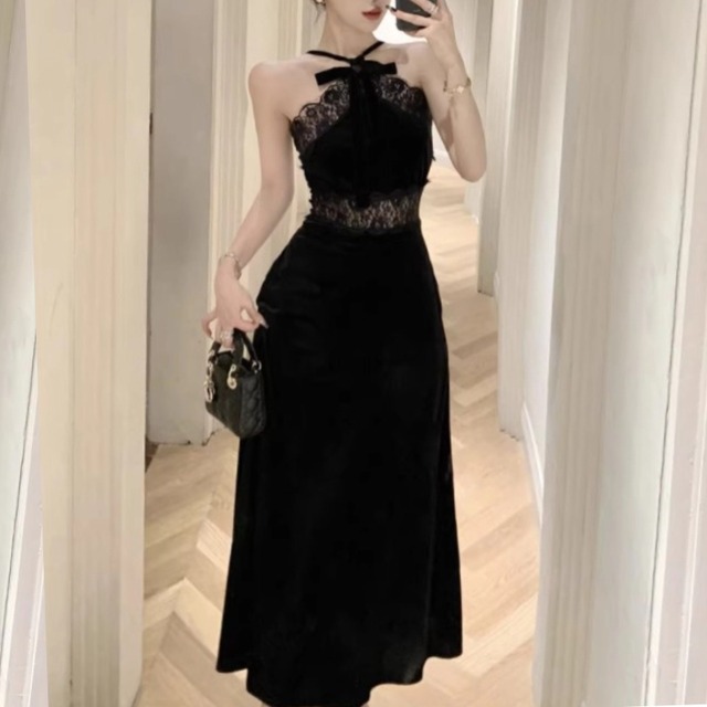 パーティードレス ロング丈 ビロード 宴会 レース 美人度アップ ブラック S M L