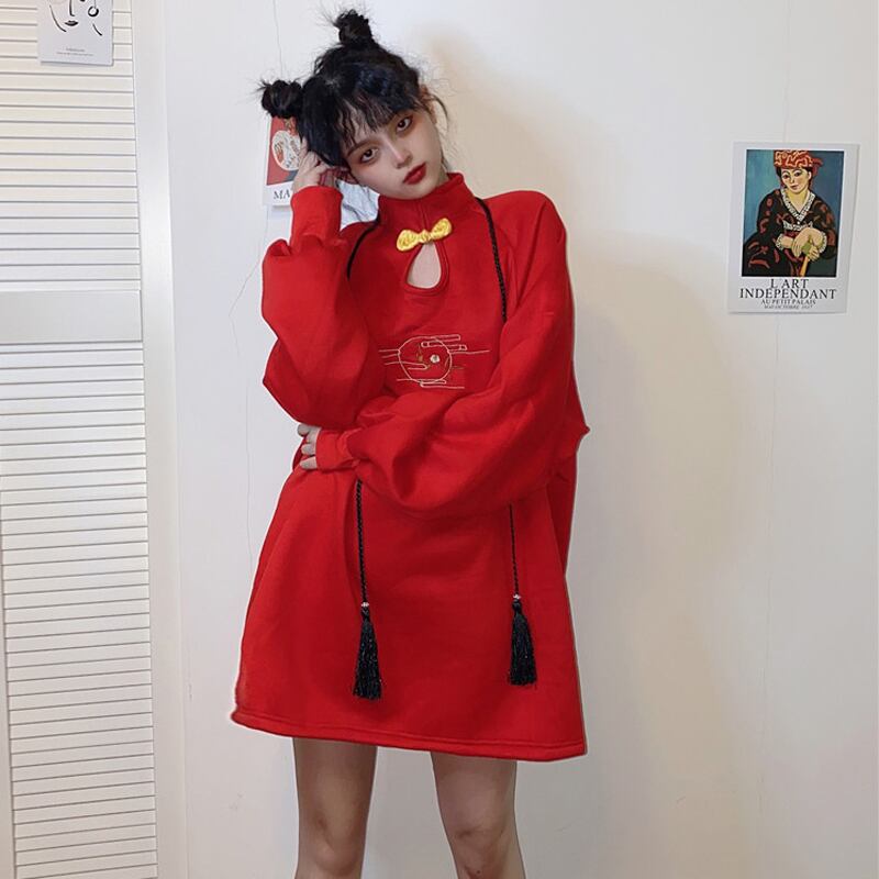 チャイナ風ワンピース チャイナドレス 中華服 原宿風 ブラック レッド ゆったり スタンドネック Elegant
