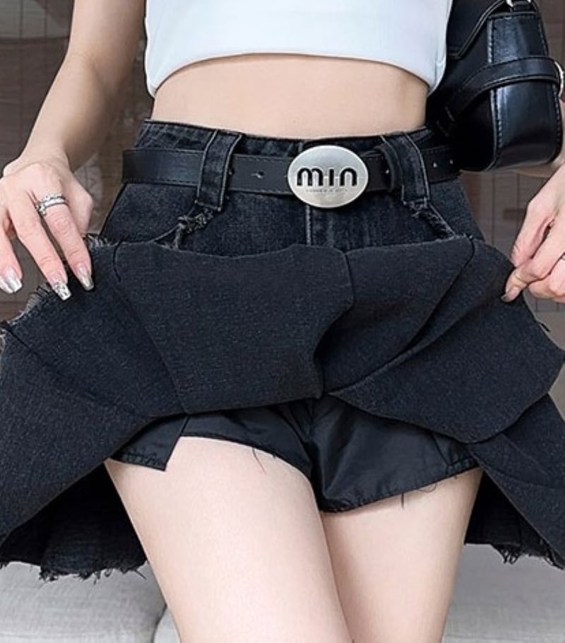 デニムスカート ミニ プリーツ レディース ハイウエスト ベルト付き