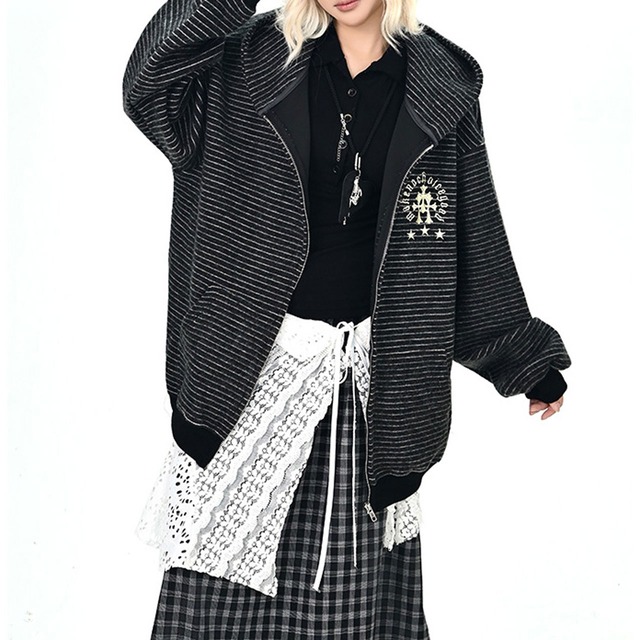 ボーダーエンブレムフーディトップス 2col   R01100