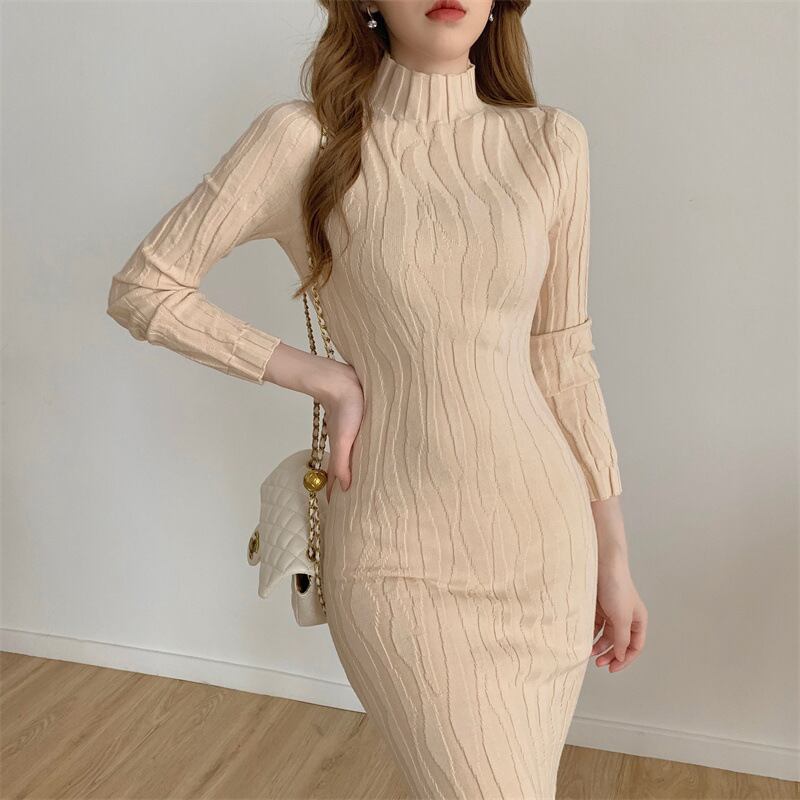 無地ニットワンピースシンプルエレガント dress】知的で品の良い♡エレガントシンプル秋冬無地ニット