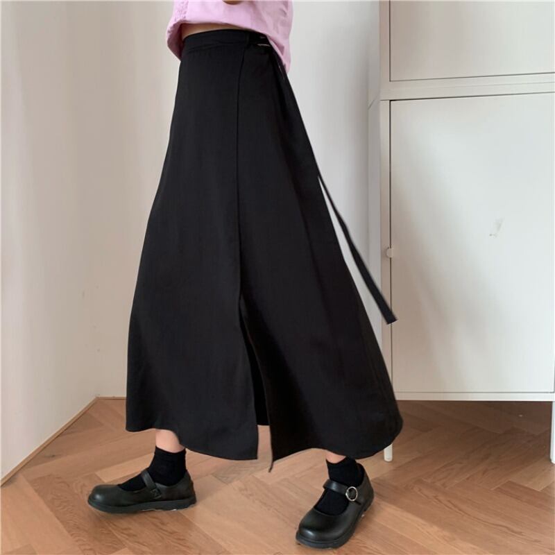 サイドスリットスカート スプリングハイウェストAラインブラック レース 春物 レースアップ YY-ファッション65465097433