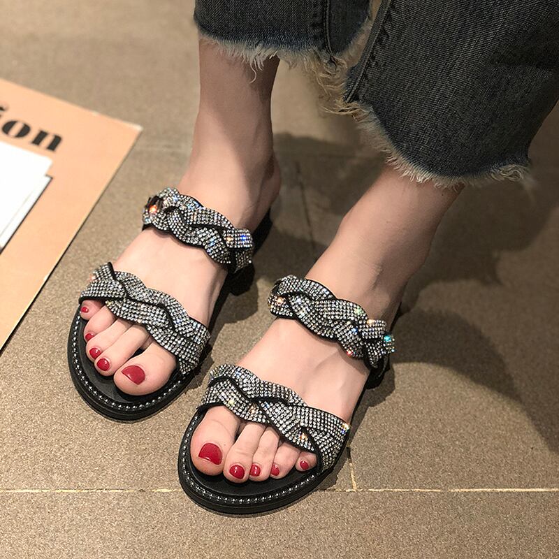 ネットの赤いサンダルとスリッパの女性は2020年夏の新しいラインストーンのファッション野生のオープントゥの厚い底の単語のドラッグの女性を着用します 部族の婦人靴0482466
