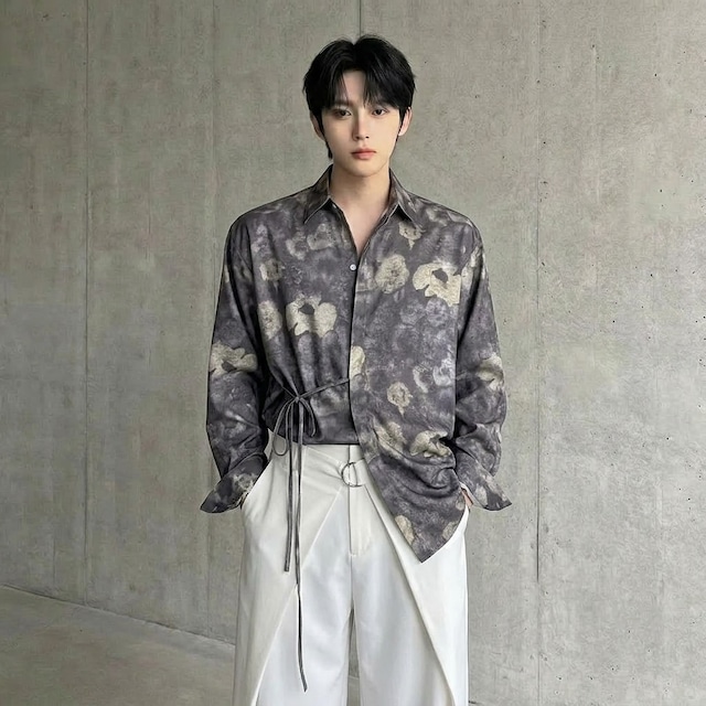 アンティーク調フラワー ウエストリボンルーズシャツ D12253