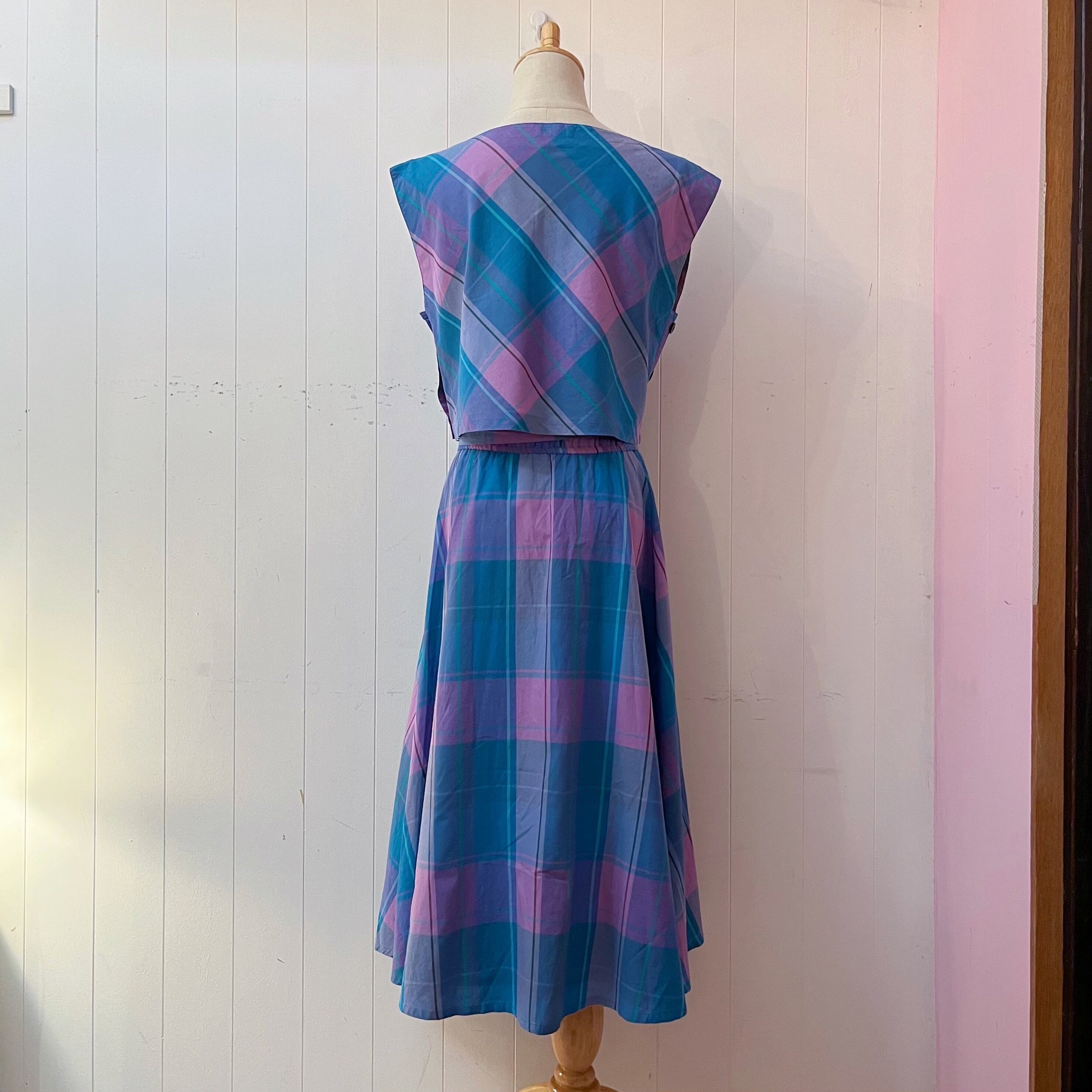 blue pink check ensemble one-piece