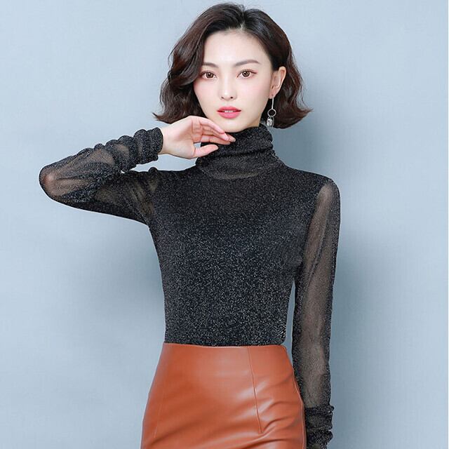 レディース ブラウス シャツ トップス 全5色 タートルネック シフォン フリル シースルー ラメ ベル袖 ブラック/ネイビー/レッド/ベージュ/ライトグリーン M/L/XL/2XL/3XL