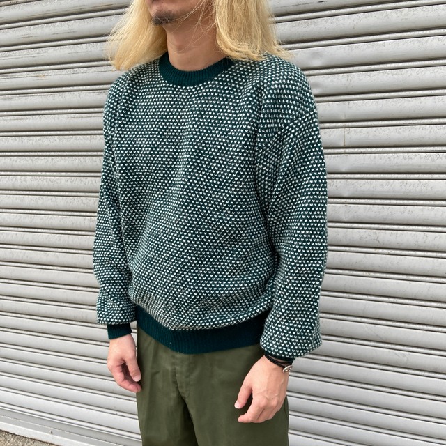 80s 90s EddieBauer 黒タグ バーズアイ柄ニット グリーン M