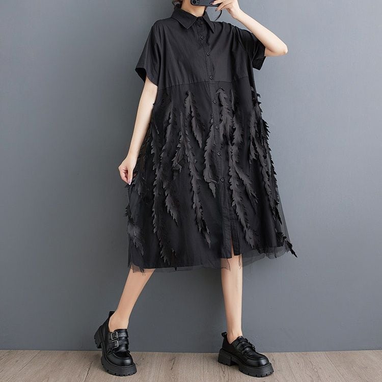 MESH APPLIQUE SHORT SLEEVE MIDI SHIRT DRESS M-17377