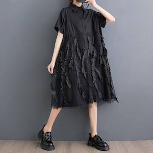 MESH APPLIQUE SHORT SLEEVE MIDI SHIRT DRESS M-17377