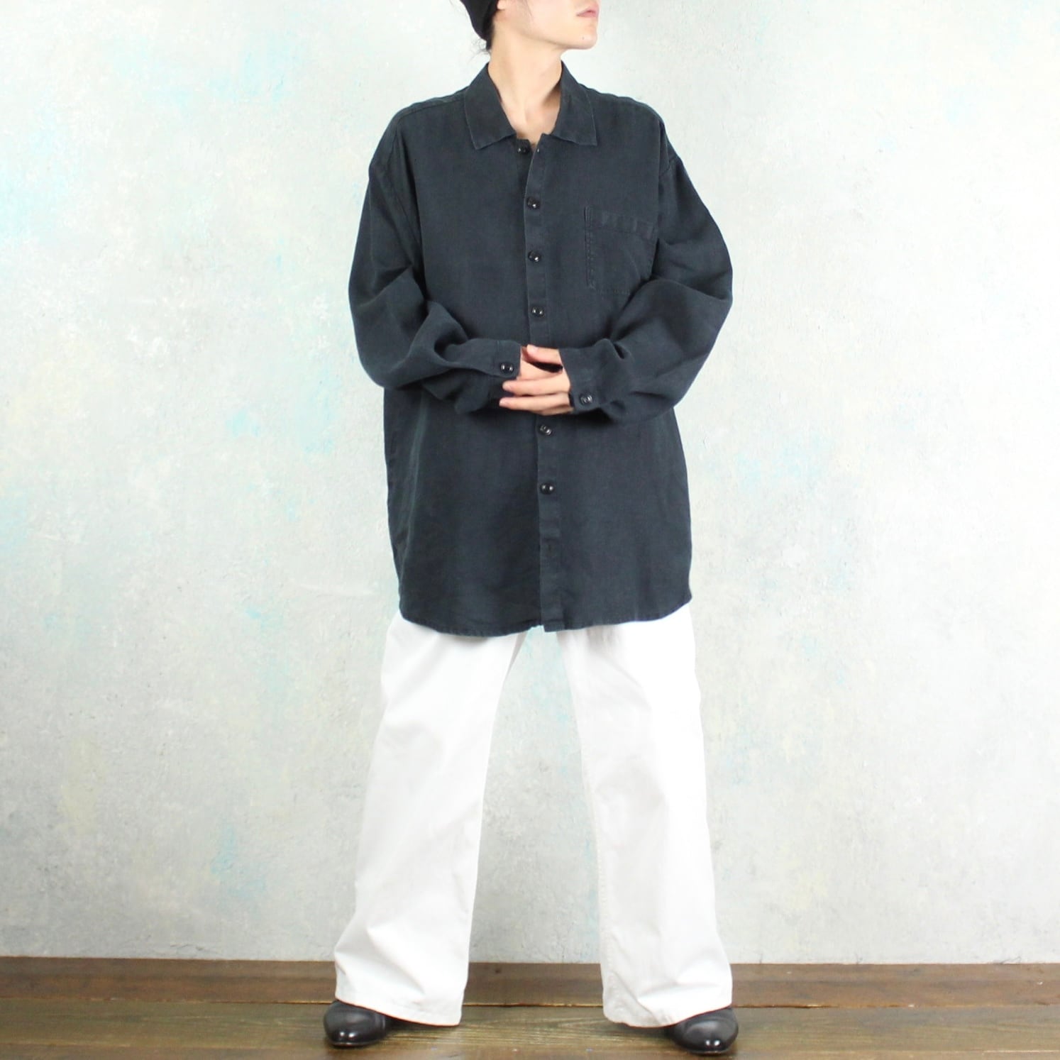 【極上】FLAX リトアニアリネンシャツ 90s 黒×白 霜降り FLAX オーバーサイズ ブラック フラックス リネン デザイン シャツ