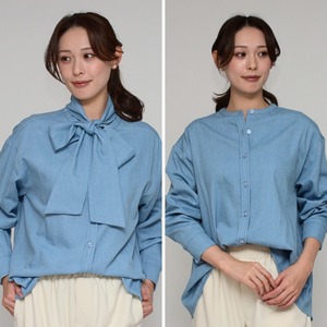 【2WAY可能 】コンバーチブル・ダンガリーブラウス ‐ LEI-25116 ライトブルー ‐