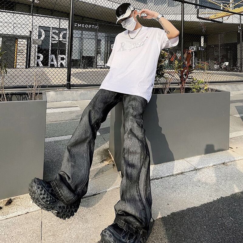 Yokosquad 黒ブーツカットフレアパンツ Yokosquad 黒ブーツカットフレアパンツ swag系 フレアパンツ