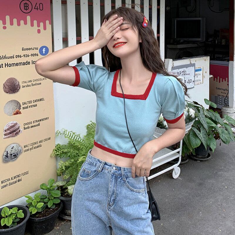 サマーカラーショートトップス スリムTシャツ レッド 夏物 スクウェア 萌量不足69608586637