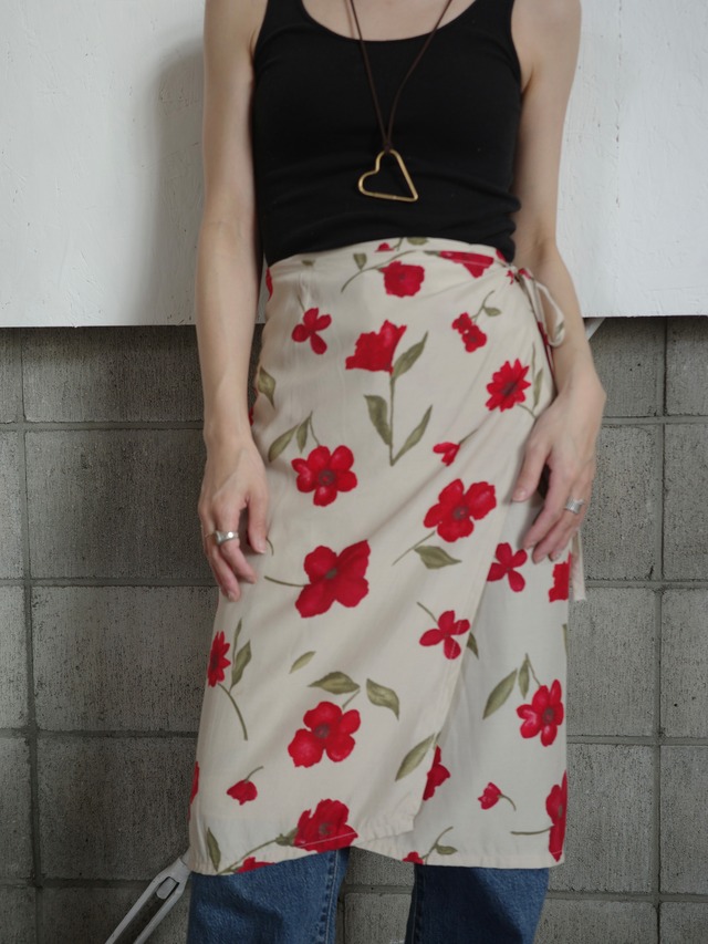 <vintage>red flower wrap skirt