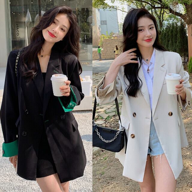 ジャケット レディース バイカラー グリーン 差し色 長袖 モード かっこいい おしゃれ 春秋 オーバーシルエット ブラック/アプリコット S/M/L