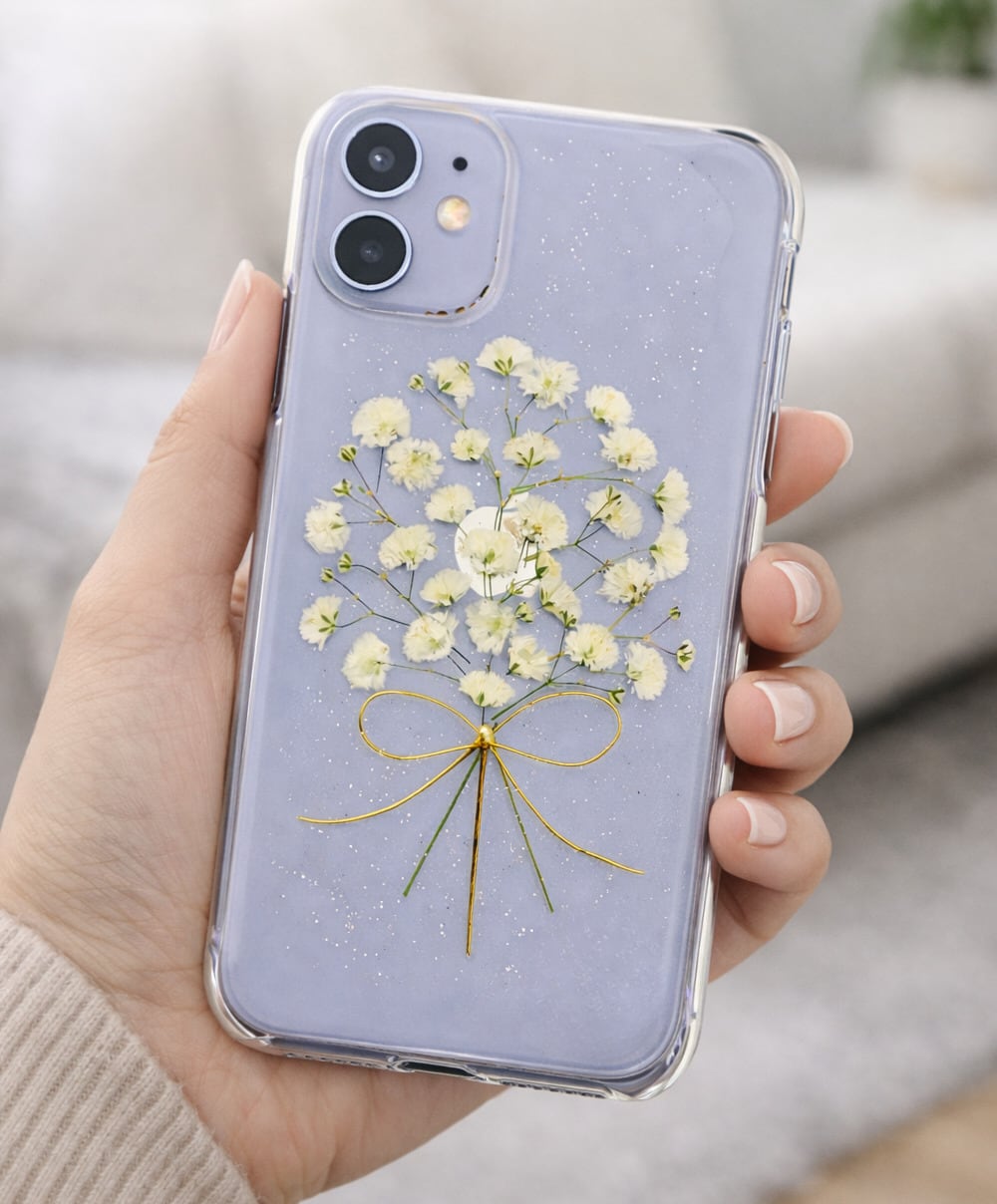 自分で選べる！ほぼ全機種対応スマホケース】かすみ草ブーケの押し花