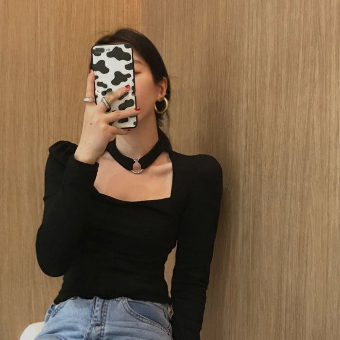 リング 薄手ブラックTシャツ トップス レディース ロング 指輪 ビッグFスモールZ韓国53820558908