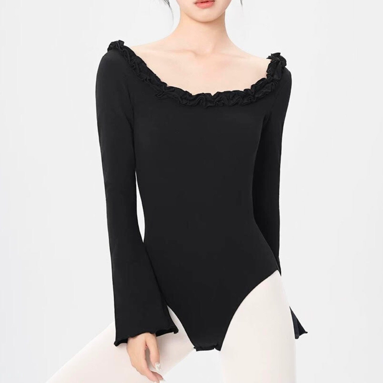 【即納】フリルトリミング レオタード ブルームパンツセット ブラック (M) L1376