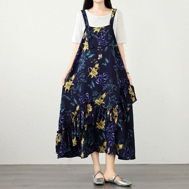 CHIFFON DRAPED SOFT FLORAL STRAPPY DRESS M-17956