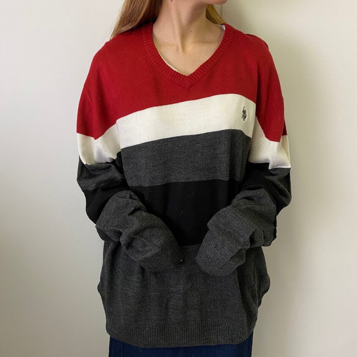 U S Polo Assn ポロアッスン ボーダー柄 Vネック ニットセーター メンズxl古着 ニットセーター Cave 古着屋 公式 古着通販サイト
