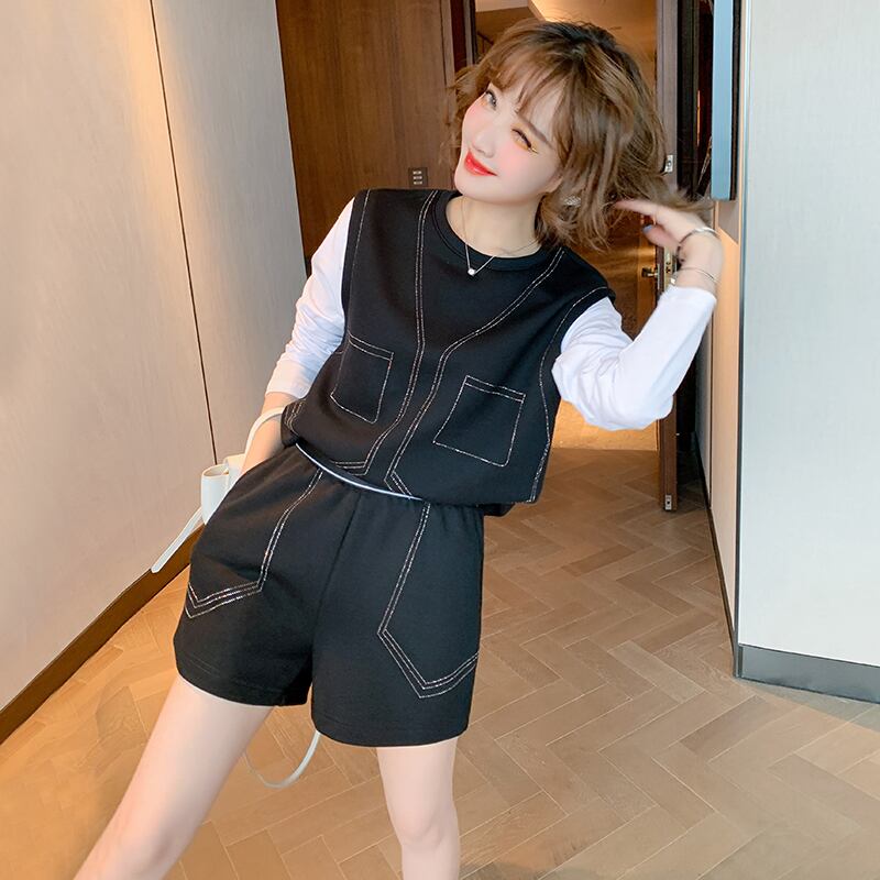 カラーラインストーンツーピース スウェット ウェスト薄手ショーツ セット オータム 秋物 ブルマー ステッチ MIUCO28969866820