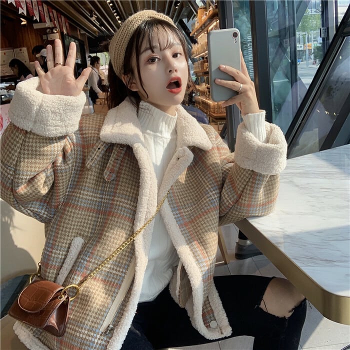 ◆もこもこ 可愛い チェック柄 ジャケット 秋冬 韓国 ボアブルゾン チェック柄 ムートン 韓国ファッション もこもこ