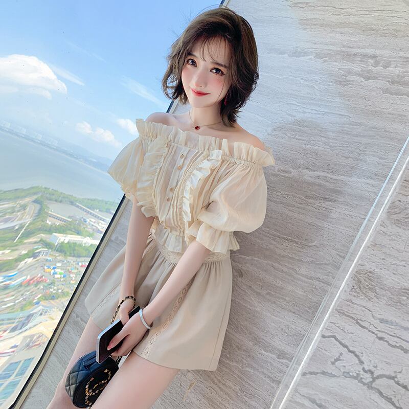 スリーブトップス ハイウェスト薄手Aラインショーツ ランタンスリーブ エレガント ブルマー MIUCO23205189846