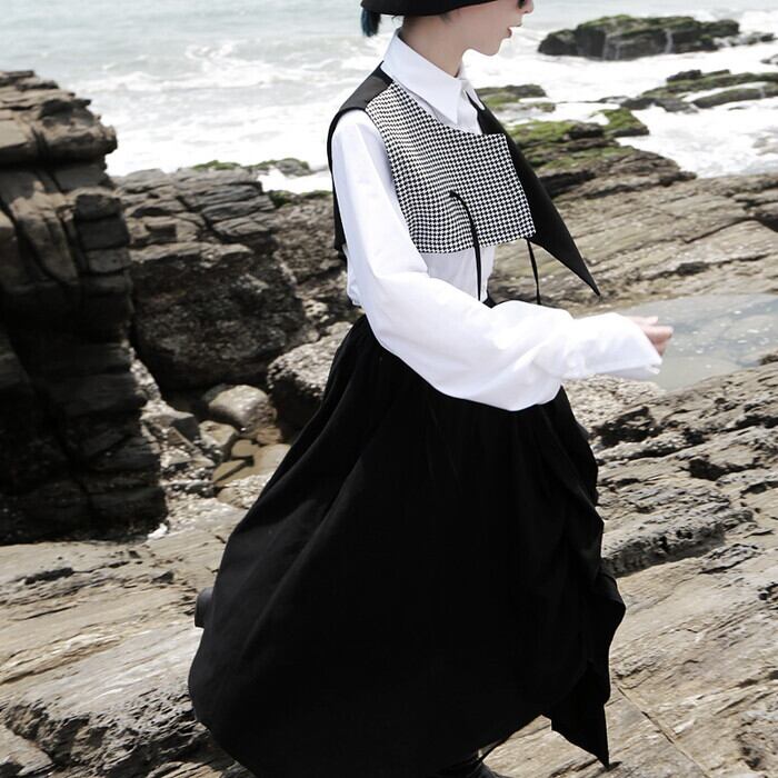 大人 モード系 ベスト アシンメトリー 千鳥格子柄 ブラック きれいめ