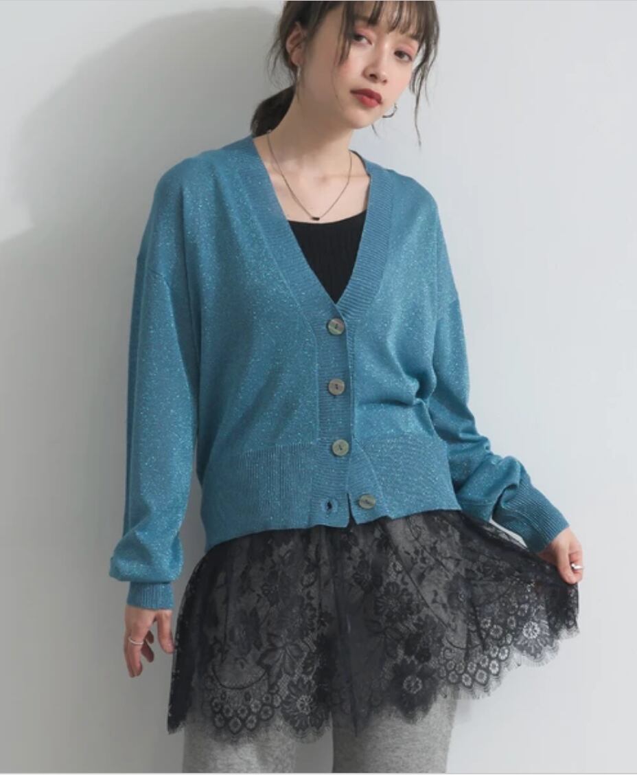 ナンバーミーTOKYO" LAME V KNECK KNIT CARDIGAN"BLUE