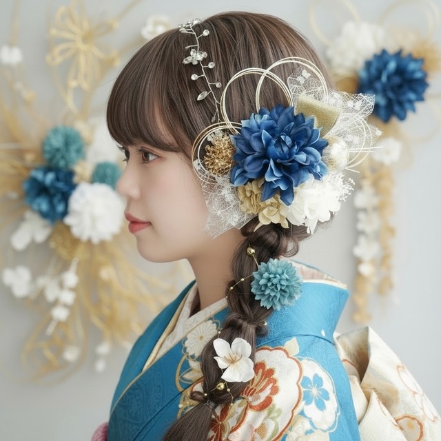 A119 ストーンカチューシャの髪飾り　青　成人式　卒業式　七五三　浴衣　結婚式　前撮り