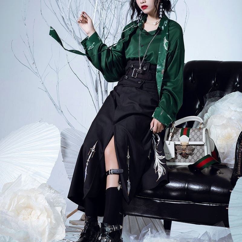 SEASONZ ロング巻きスカート スリット ミモレ丈 ベルト 十字 刺繍 ハイ